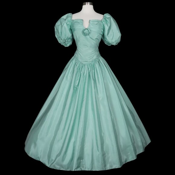 Vintage 80s Seafoam Taffeta Puff Sleeves Full Skirt Prom...